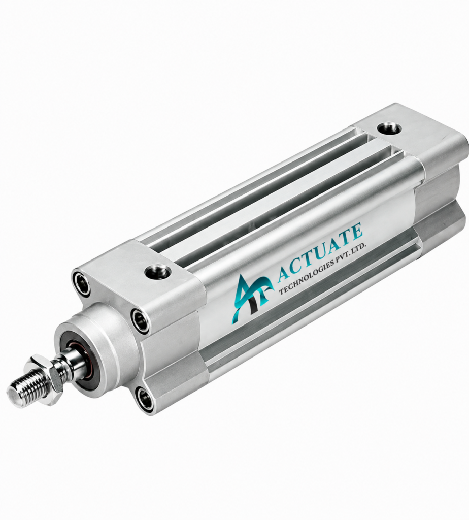Pneumatic actuator cylinder with aluminum body and piston rod.