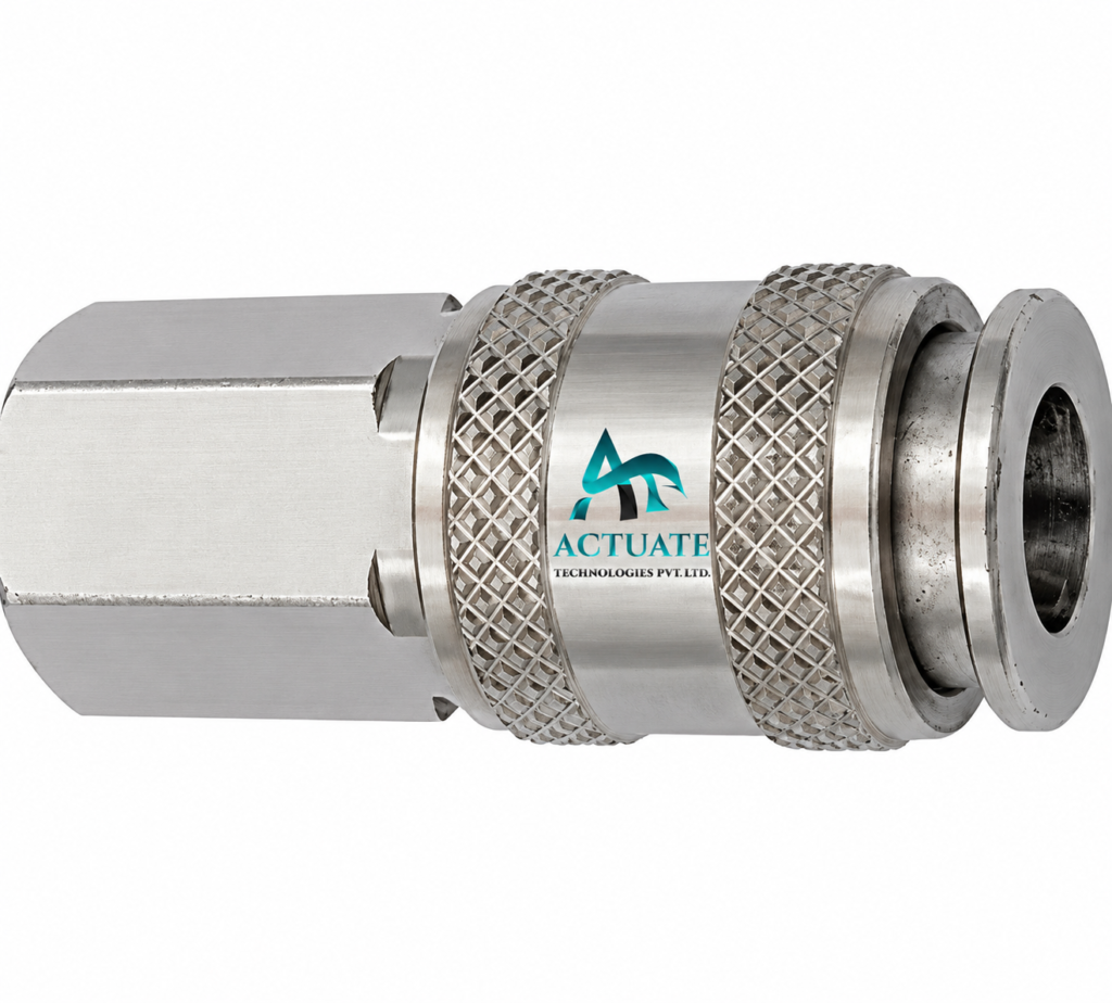 Stainless steel pneumatic quick coupling with Actuate Technologies logo.