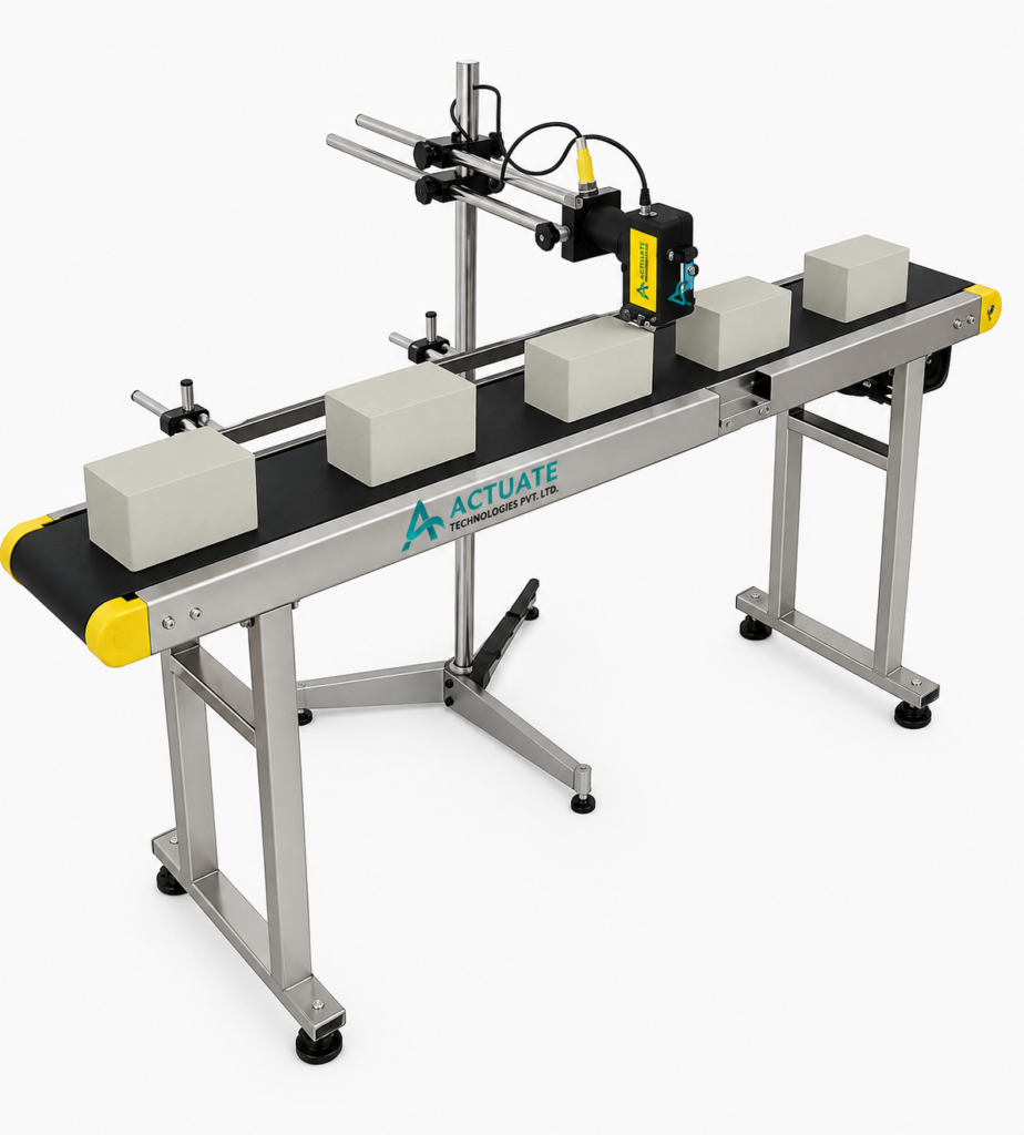Industrial Inkjet Coding Conveyor by Actuate Technologies Pvt. Ltd. for Product Coding, Batch Printing, and Packaging Line Automation