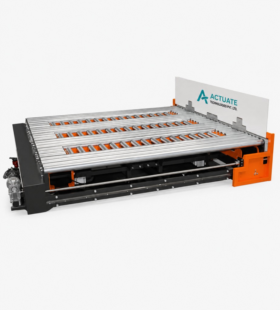 Industrial Pusher Conveyor by Actuate Technologies Pvt. Ltd. for Automated Material Transfer and Production Line Handling