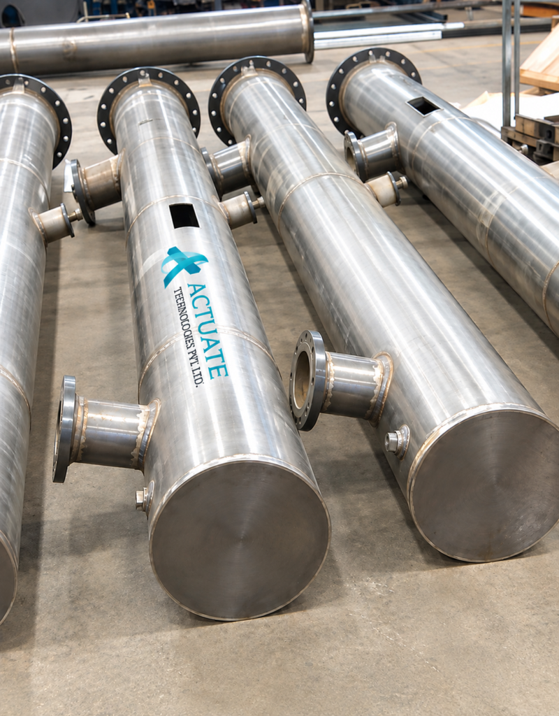 Industrial stainless steel pipe fabrication with welded nozzles and flanges